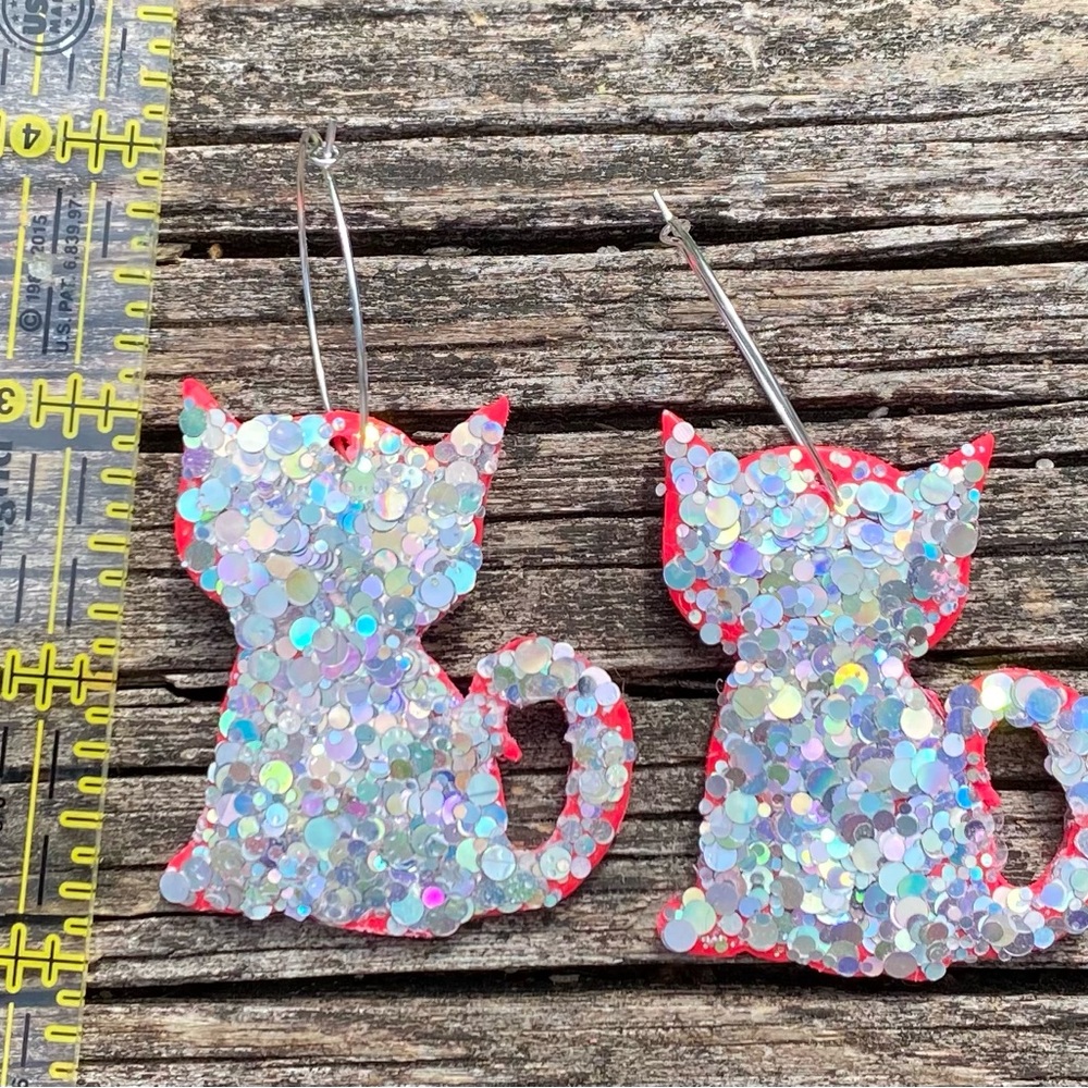 Glittery Cat Earrings Handcrafted by Susie Quinn